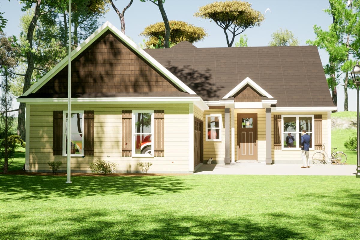 House plan exterior: One-story Modern Farmhouse with gable roof, front-facing garage, and covered entry.