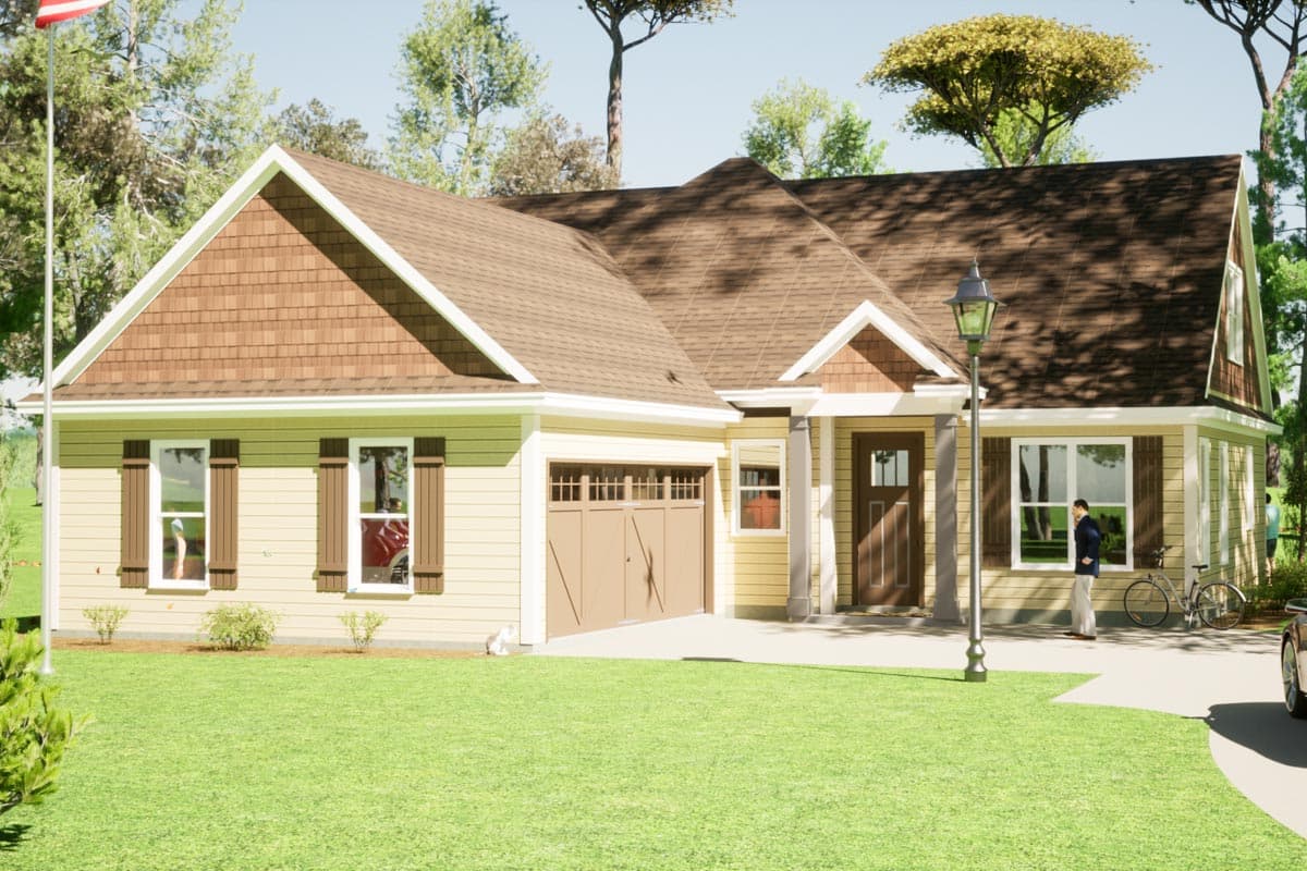 House plan exterior with gable roof, front-facing garage, and decorative shutters. The home features wood shake accents on gables.