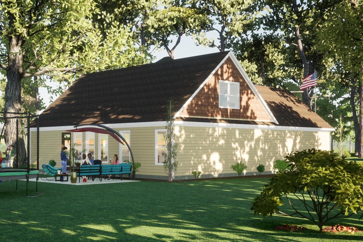 House plan exterior: Single-story home with horizontal siding, gabled roof, and shingled gable ends with a single window.