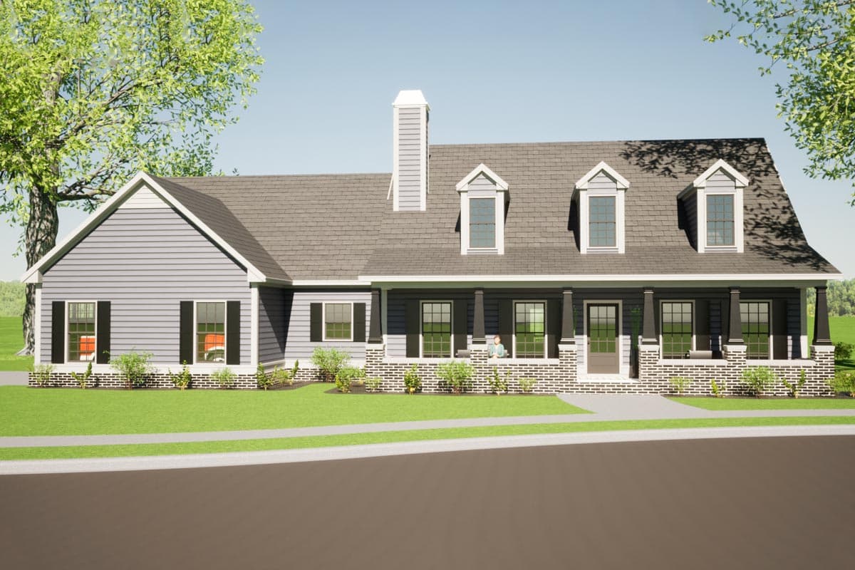 House plan exterior. Two-story Modern Farmhouse with a front porch, dormers, and gabled roofline. Gray siding and brick accents visible.