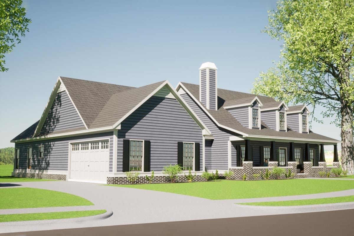 House plan exterior: One-story Modern Farmhouse with side-entry garage, prominent gable, and covered front porch with brick pillars.