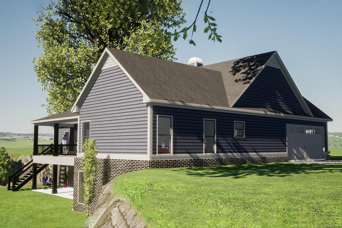 House plan exterior, modern farmhouse style, two stories, gable roof, covered porch, and attached garage.