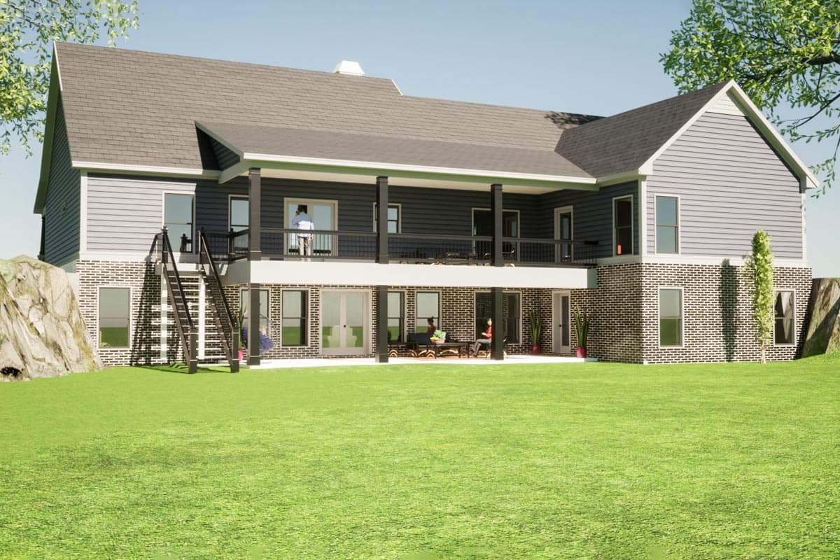 House plan exterior, two stories, with a covered porch, brick foundation, and exterior stairs.