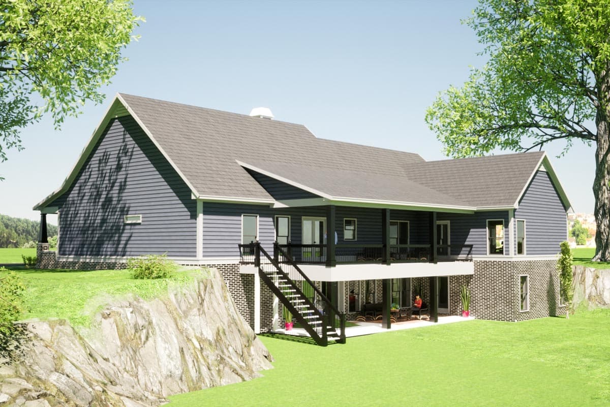 House plan exterior: One-story Modern Farmhouse with gabled roof, wrap-around porch, and exposed lower level.