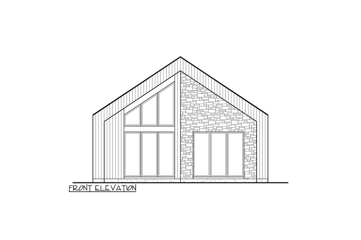 Front elevation drawing of a house with a steeply pitched roof, asymmetrical windows, and stone and vertical siding.