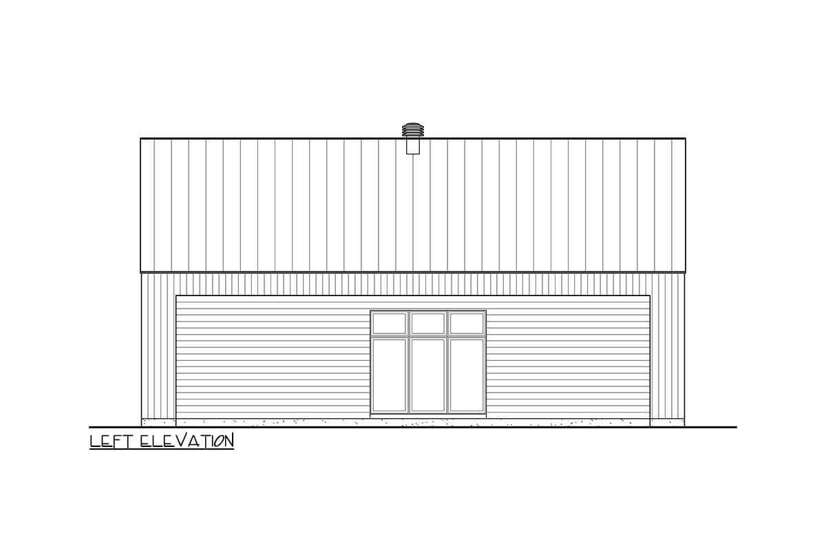 Left elevation drawing of a house plan featuring horizontal siding and a multi-panel window with a roof vent.