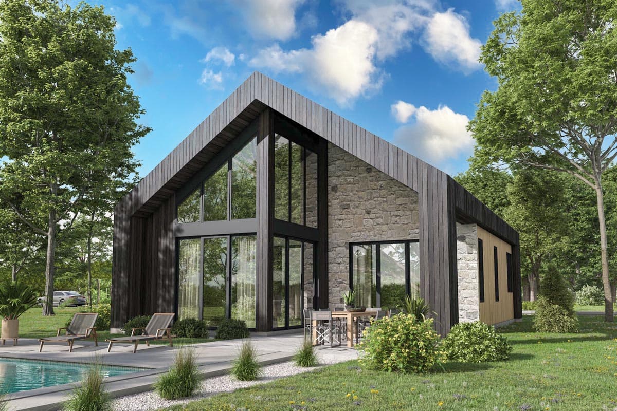 House plan exterior. Modern style with a gable roof, board-and-batten siding, and large windows. Includes stone accent wall and covered patio.