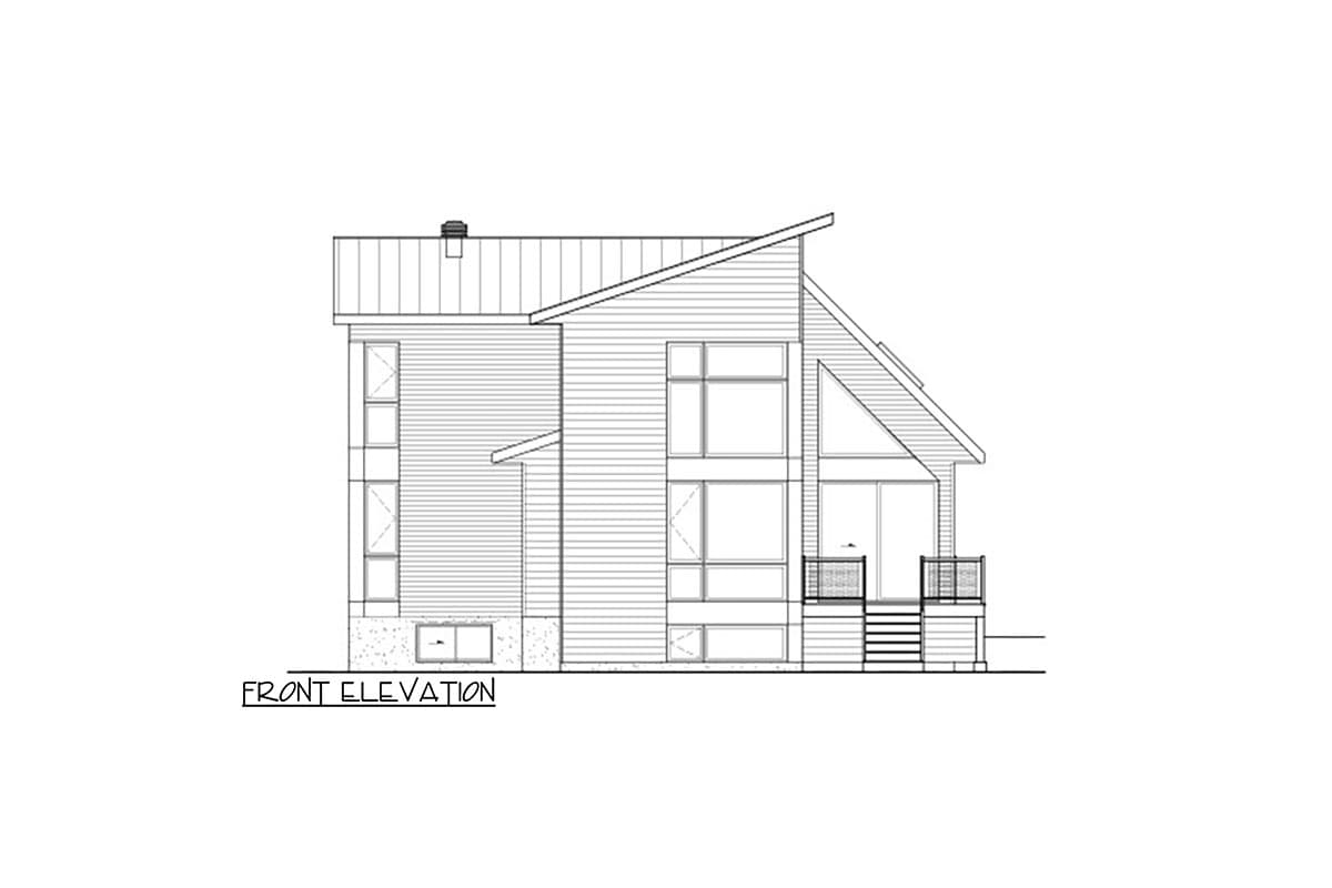 Front elevation of a modern house plan featuring a shed roof, large windows, siding, and a covered porch.