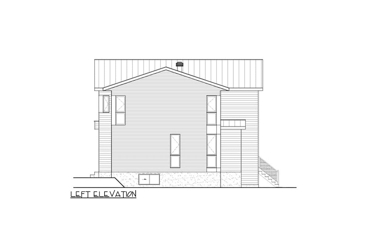 Left elevation drawing of a two-story house plan with horizontal siding, multiple windows, and a gable roof.