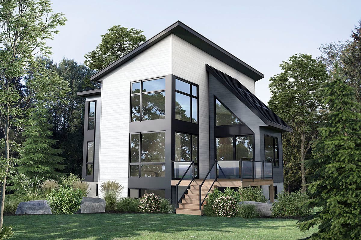 House plan exterior. Modern style, two-story home. Features include a shed roof, a glass-railing deck, and a mix of horizontal and vertical siding.