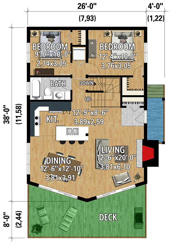 Plan 801091PM: 1245 Square Foot Lake House Plan with Upstairs Loft Overlook - Floor Plan - Main Level - Mountain, Rustic, Vacation