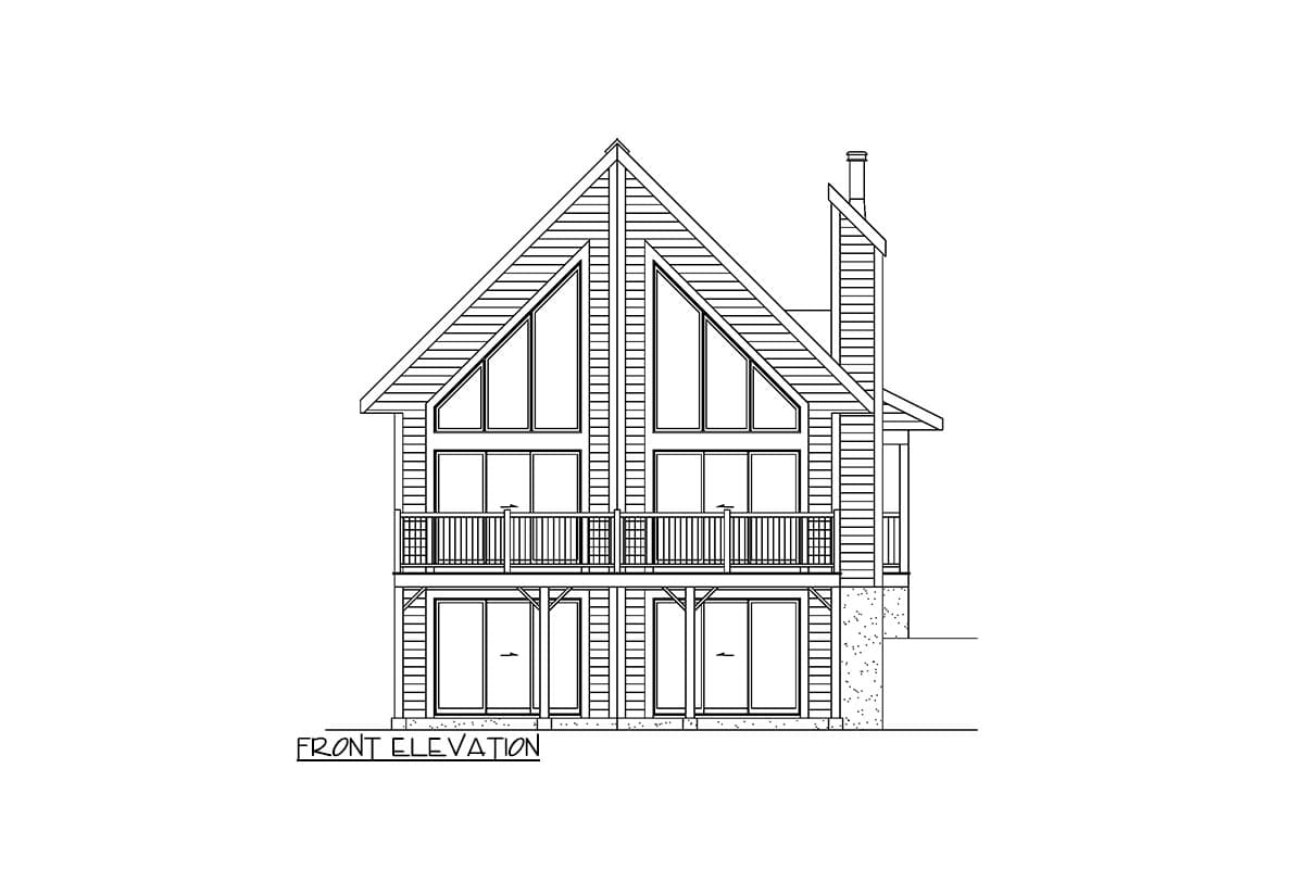Front elevation drawing of a house plan featuring large gabled windows, a deck, and a prominent chimney.