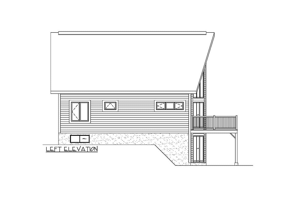 Left elevation house plan showing horizontal siding, multiple windows, a deck, and two doors on a sloped foundation.