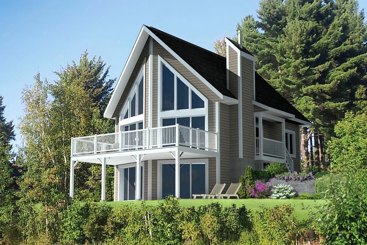 House plan exterior. Two-story home with a gable roof, large windows, and a raised balcony with white railing.
