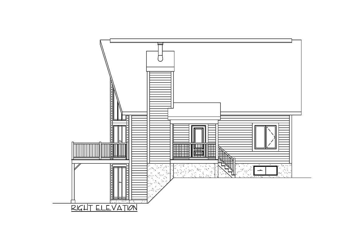 House plan right elevation with a porch, deck, and prominent chimney.