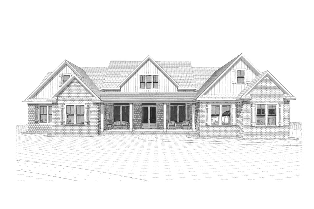 House plan exterior drawing of a one-story home with brick facade, centered covered porch, and prominent gables.