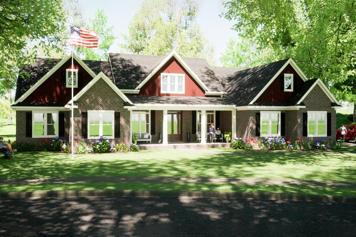 House plan exterior, two-story Modern Farmhouse style, with brick facade, gabled dormers, and a covered front porch.