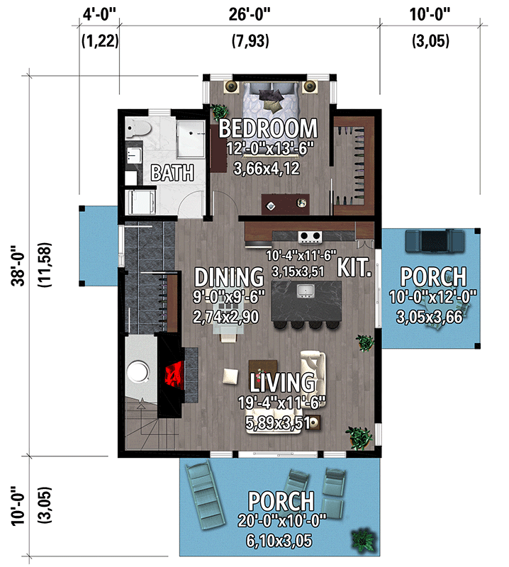 Plan 801092PM: 1343 Square Foot 2-Bedroom Contemporary Cottage House Plan - Floor Plan - Main Level - Contemporary, Mid Century Modern, Modern, Mountain