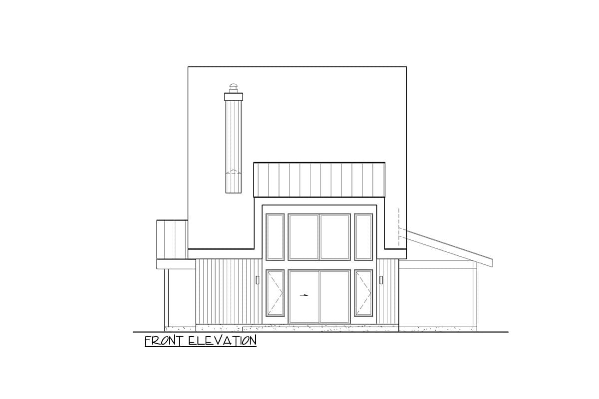 Front elevation drawing showing a two-story house with a prominent chimney, large glass panels, and a covered entrance.