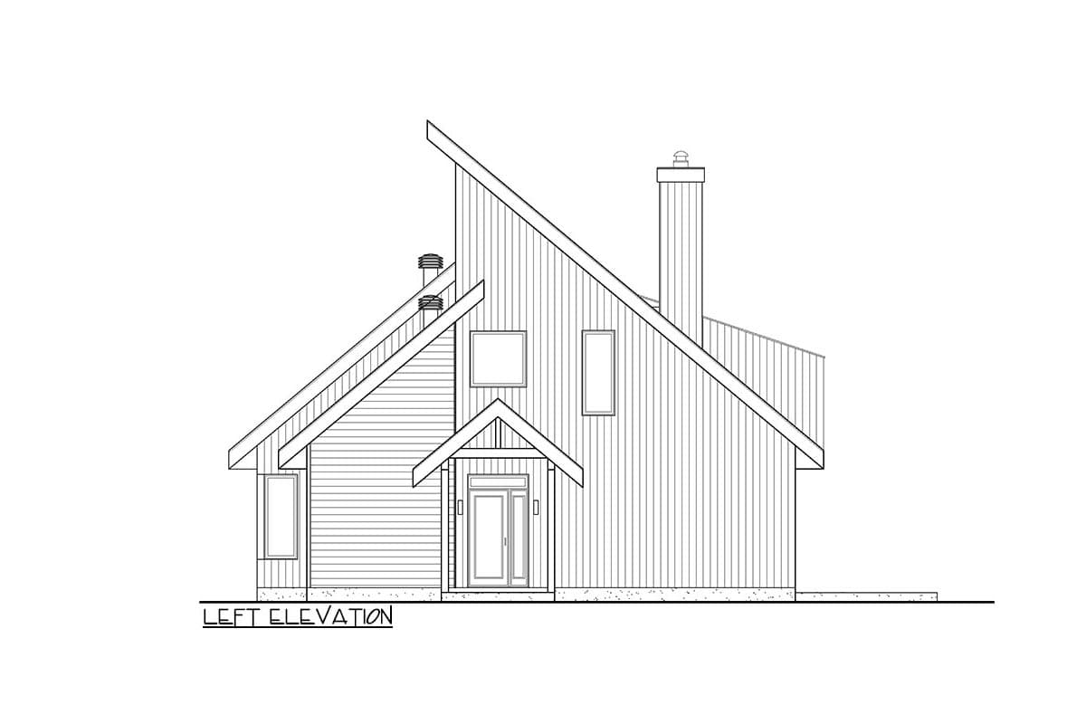 Left elevation drawing of a house plan featuring a prominent asymmetrical roofline, a central gabled entry porch, and a large brick chimney.