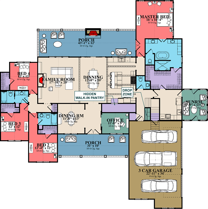 Plan 86386HH: 3321 Square Foot 4-Bed House Plan with Sunroom and 3-Car Garage - Floor Plan - Main Level - Country, Ranch, Southern, Traditional