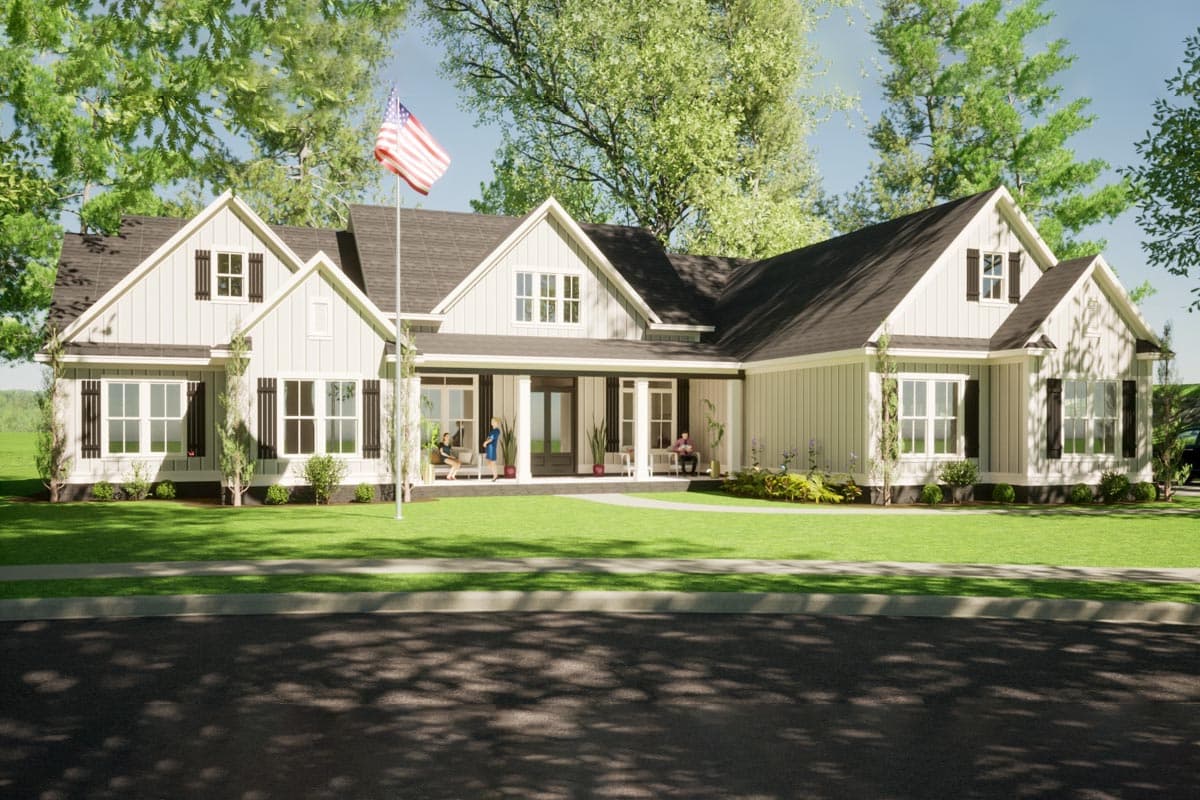 House plan exterior. Two-story Modern Farmhouse with gables, a covered porch, and black shutters. Features multiple dormers and a dark roofline.