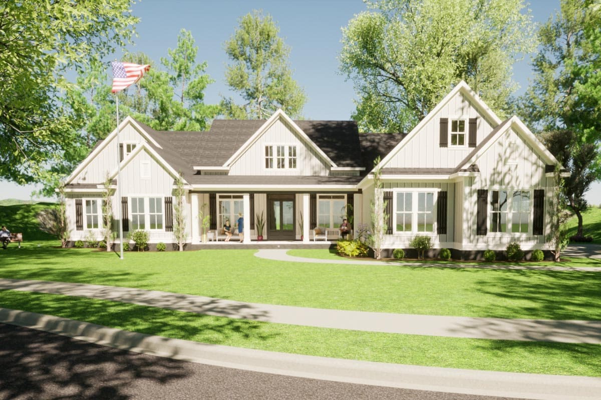 House plan exterior: Modern Farmhouse style, one story with prominent gables, covered front porch, and multiple dormer windows.