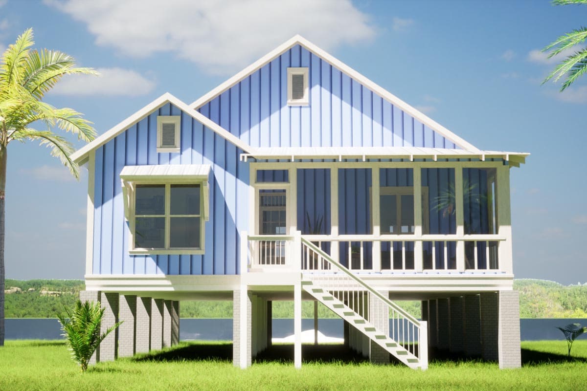 House plan exterior featuring a coastal style with a raised foundation, front porch, gable roof, and vertical siding. Two story structure.