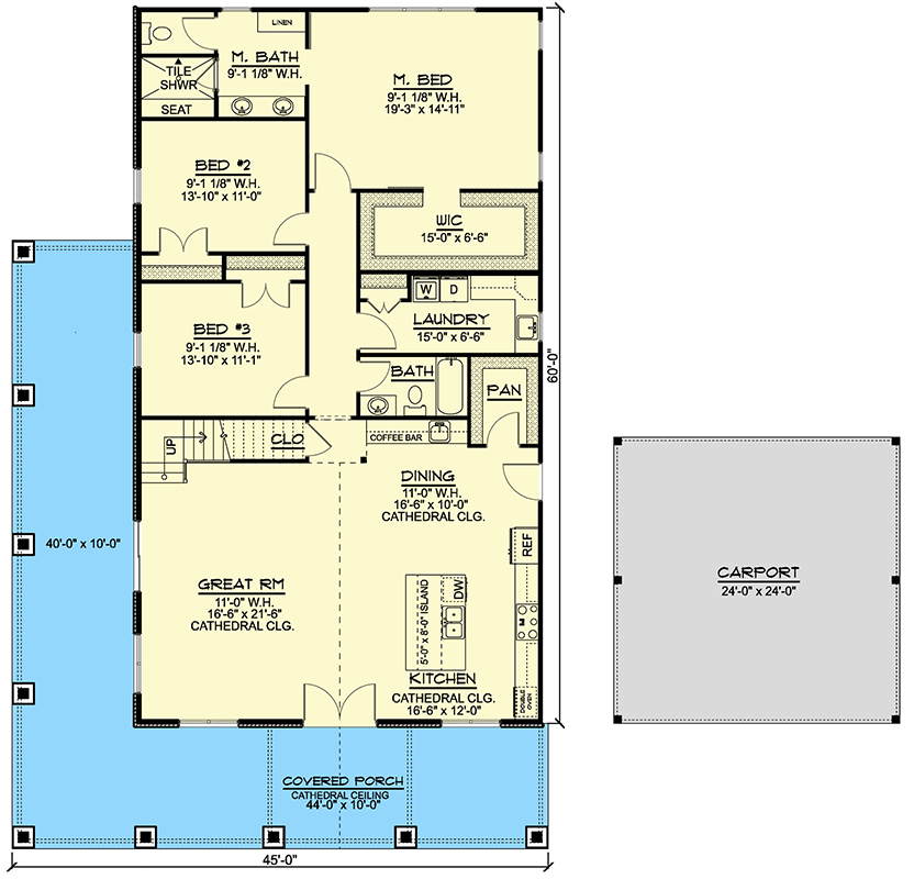Plan 135228GRA: 3-Bed Barndominium-Style House Plan with Corrugated Metal Siding and a Detached Carport - Floor Plan - Main Level - Barndominium, Country, Craftsman, Farmhouse, Mountain, Rustic, Vacation