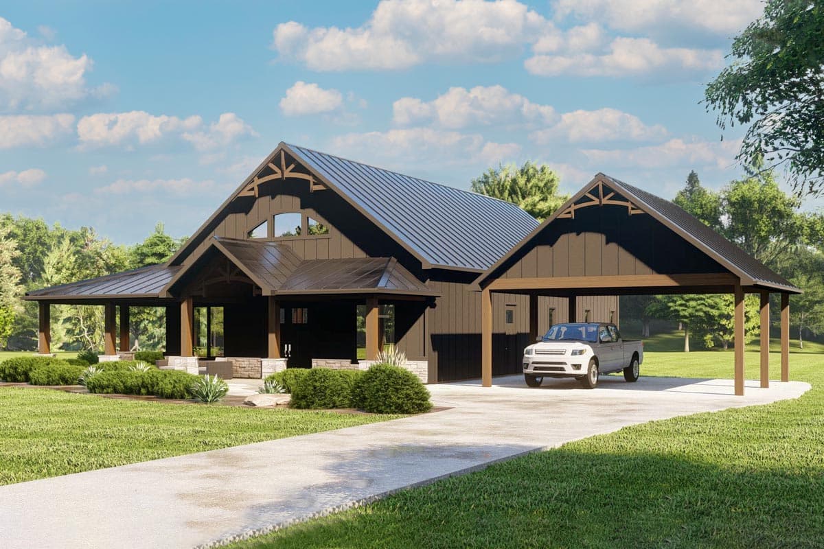 House plan exterior. One-story structure with a gable roof, covered porch, and carport. Features include exposed timber accents and a metal roof.