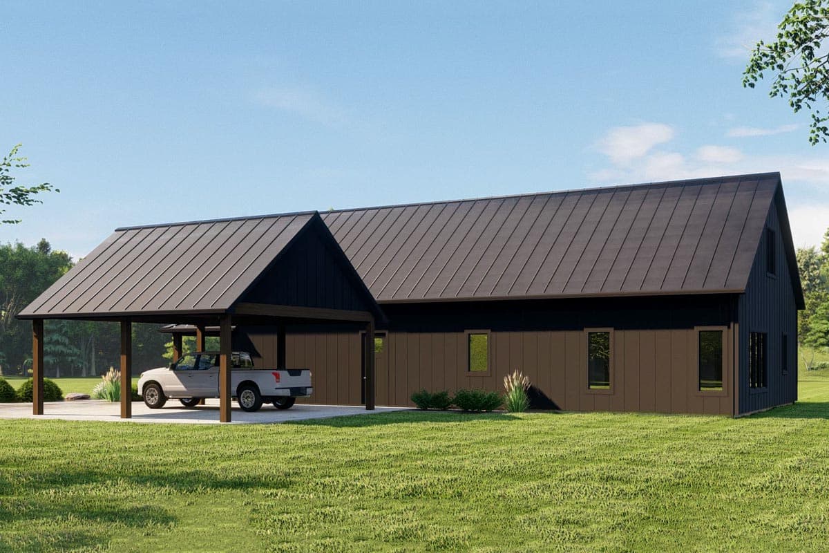 Modern house plan exterior featuring a metal roof, vertical siding, and a detached carport with wooden posts.