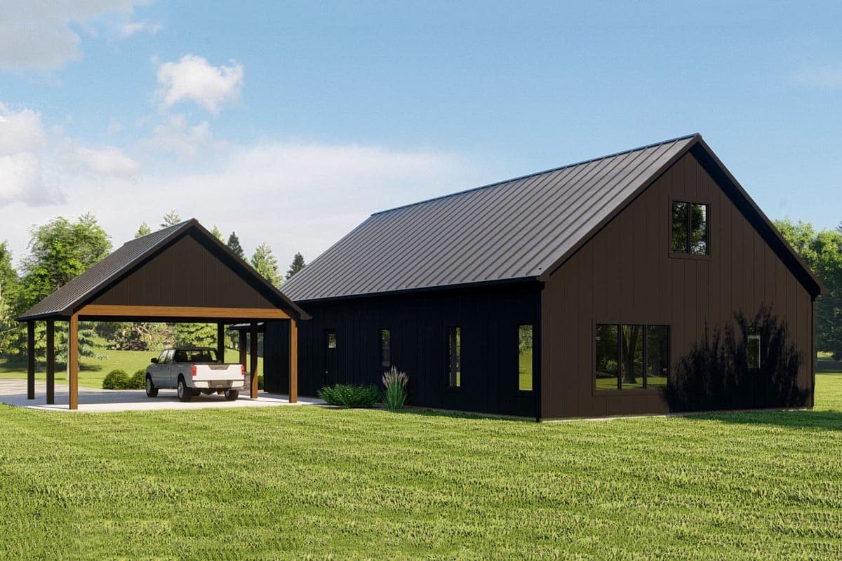 Modern house plan exterior with dark siding, metal gable roof, and detached carport with wood posts.