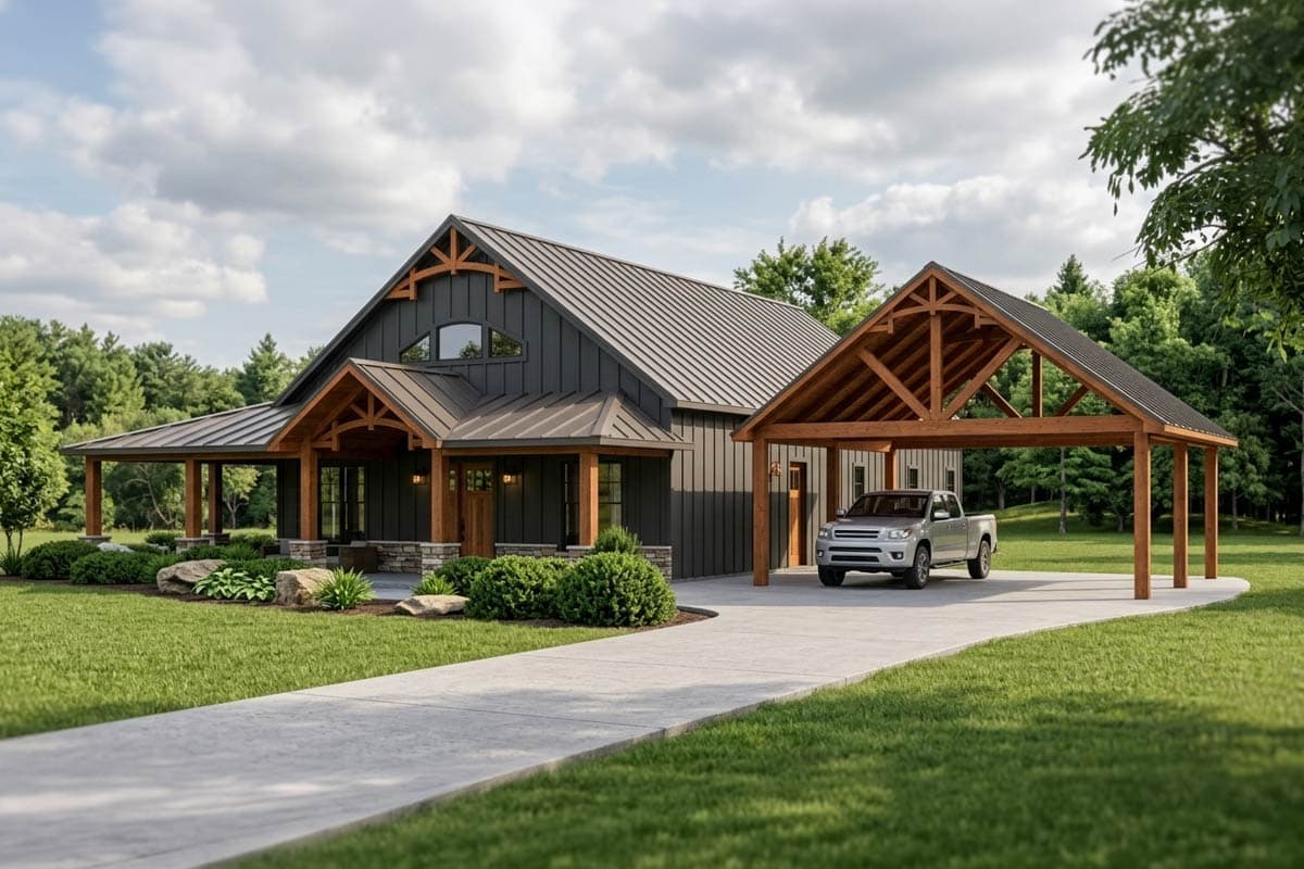 House plan exterior. One-story structure with a gable roof, covered porch, and carport. Features include exposed timber accents and a metal roof.