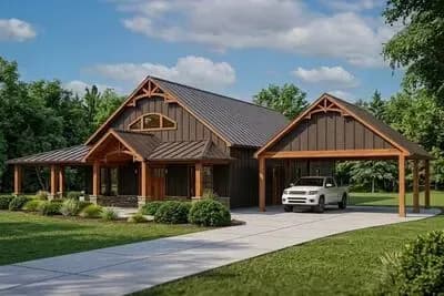 3-Bed Barndominium-Style House Plan with Corrugated Metal Siding and a Detached Carport