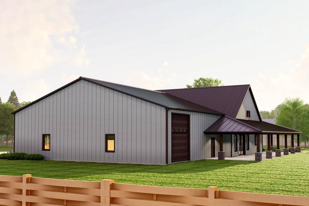 Modern farmhouse house plan exterior with a metal roof, gable end, large garage door, and wraparound porch supported by stone pillars.