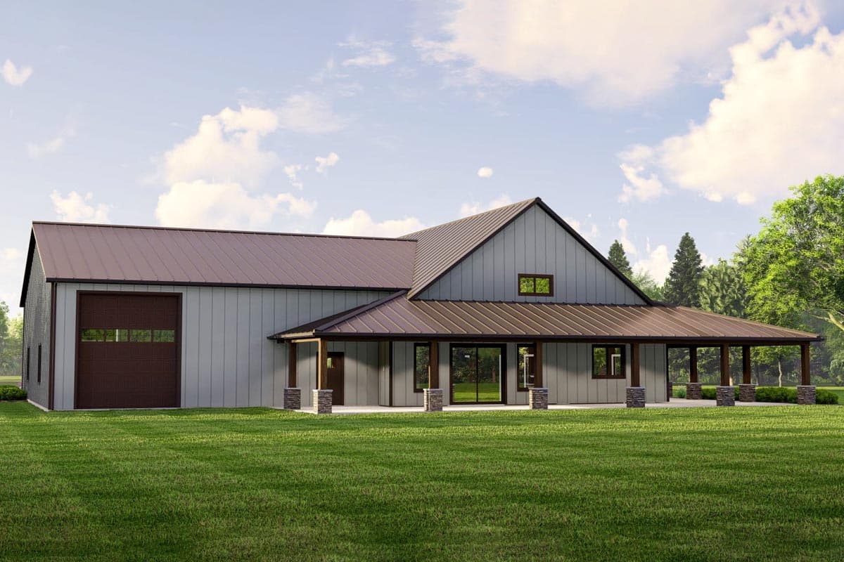 Plan 135230GRA: 2-Bed Farmhouse-Inspired Barndo-Style House Plan with Loft and RV-Friendly Garage - Image #4 - Barndominium, Country, Modern Farmhouse
