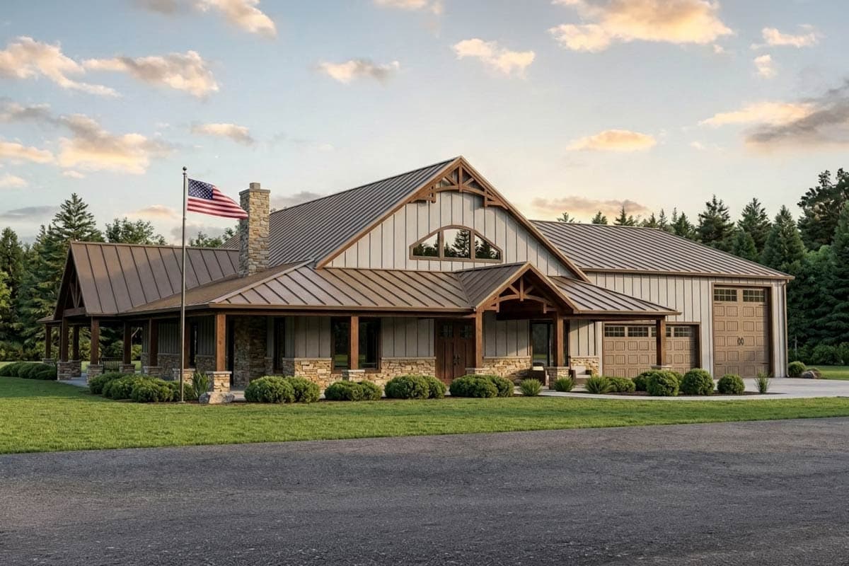 House plan exterior. Two-story Modern Farmhouse with a covered porch, metal roof, and attached garage. Includes a stone chimney and decorative gable.