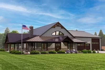 2-Bed Farmhouse-Inspired Barndo-Style House Plan with Loft and RV-Friendly Garage