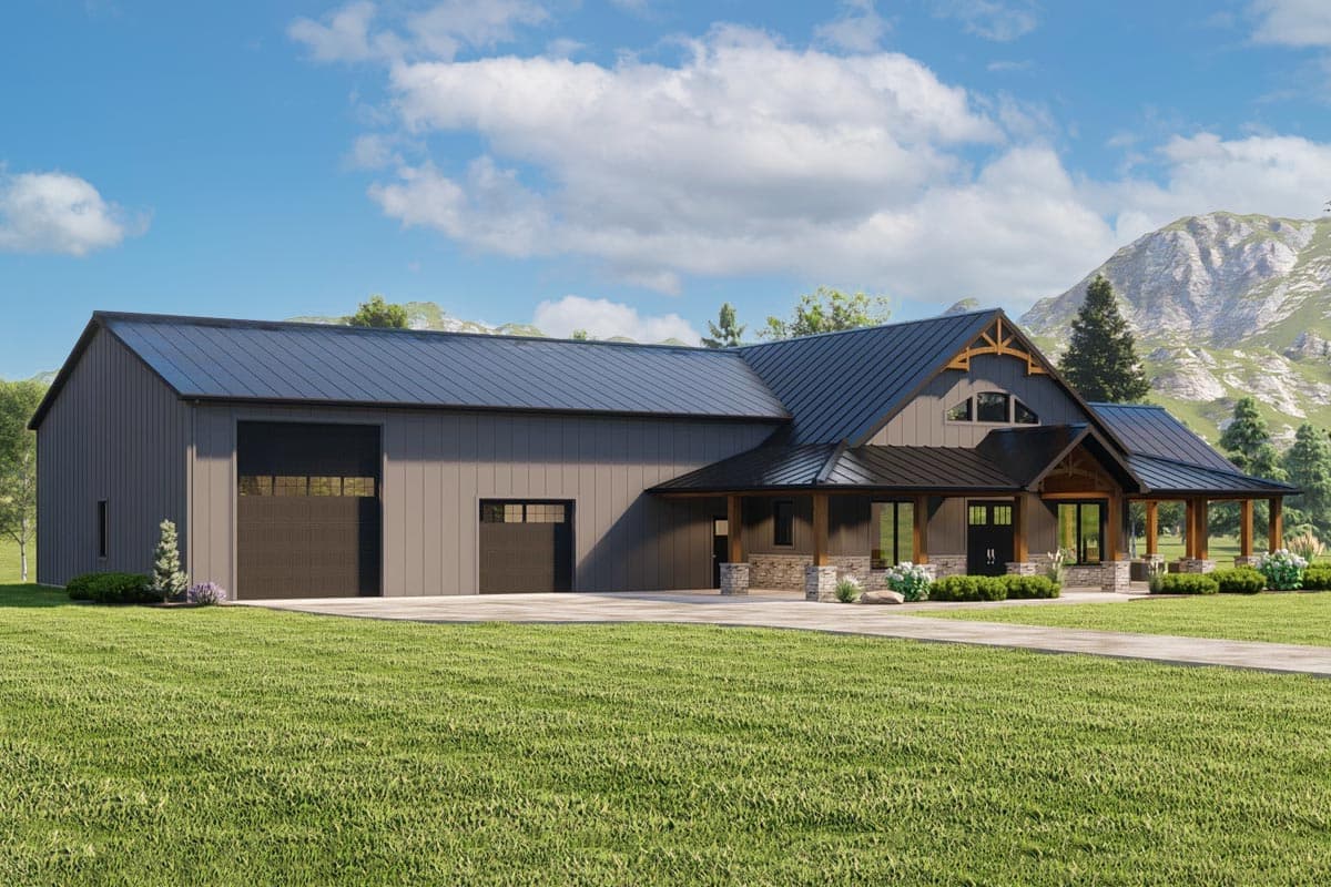 House plan exterior. Two-story Modern Farmhouse with a gabled roof, a covered porch, and a garage with two bays.