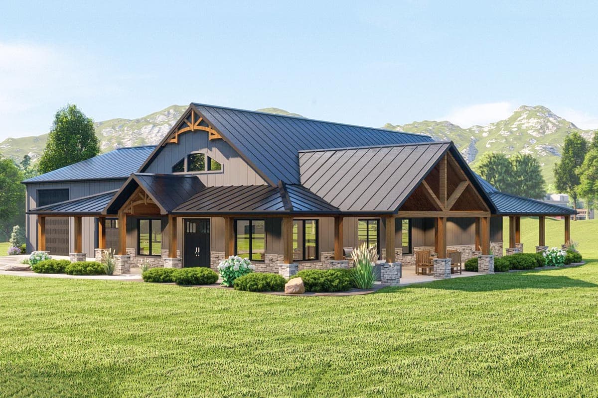 House plan exterior: Modern Farmhouse style, one story, metal roof, stone accents, prominent timber-framed gable over covered porch.