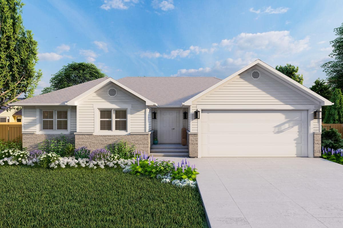House plan exterior. Ranch style with a low-pitched roof, gabled rooflines, and an attached two-car garage. Features stone facade accents.
