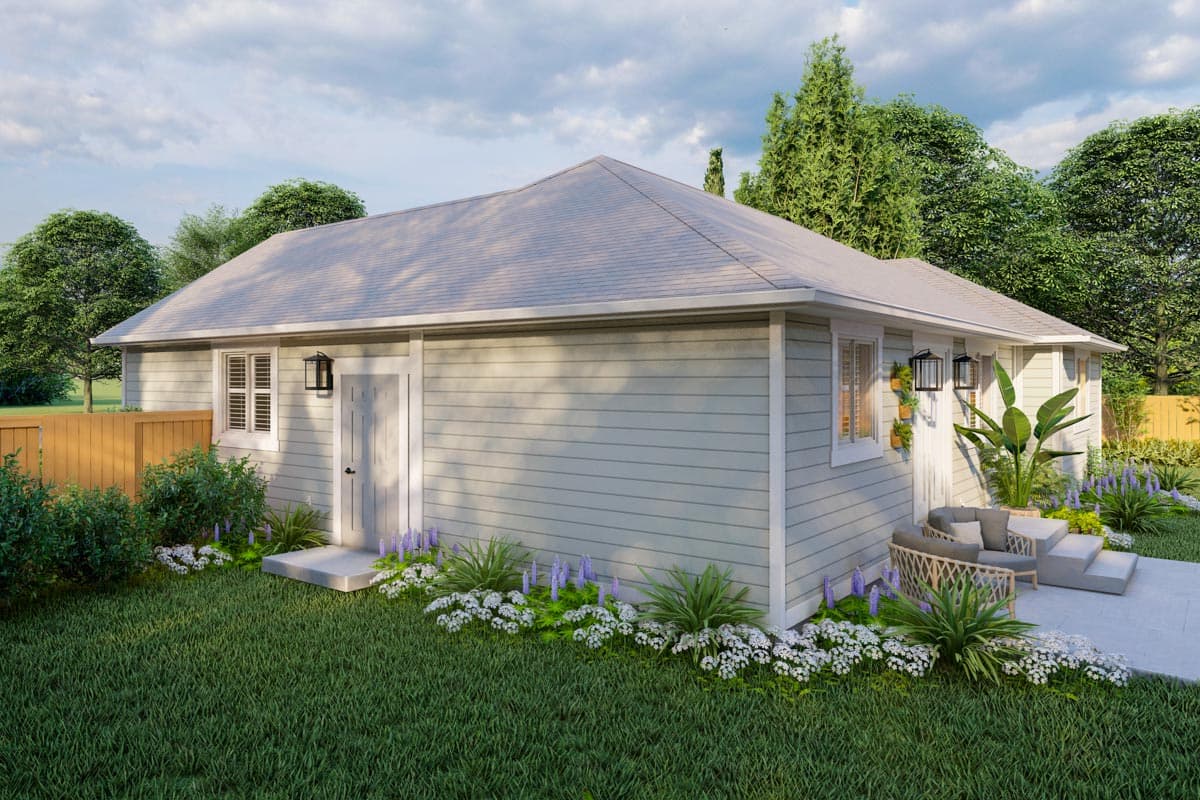 House plan exterior: one-story, horizontal siding, gable roof, two front doors, and three windows.
