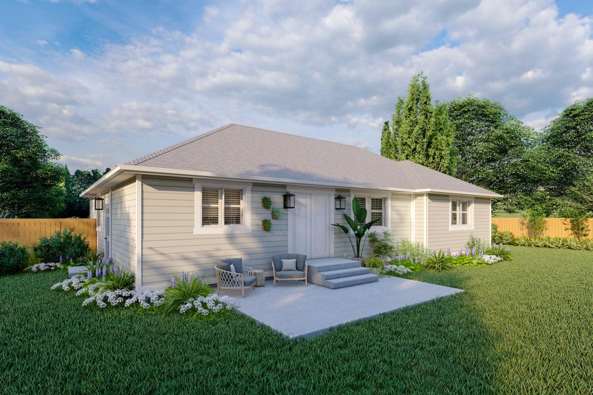 House plan exterior: single-story dwelling with horizontal siding, prominent rooflines, and a concrete patio with steps.