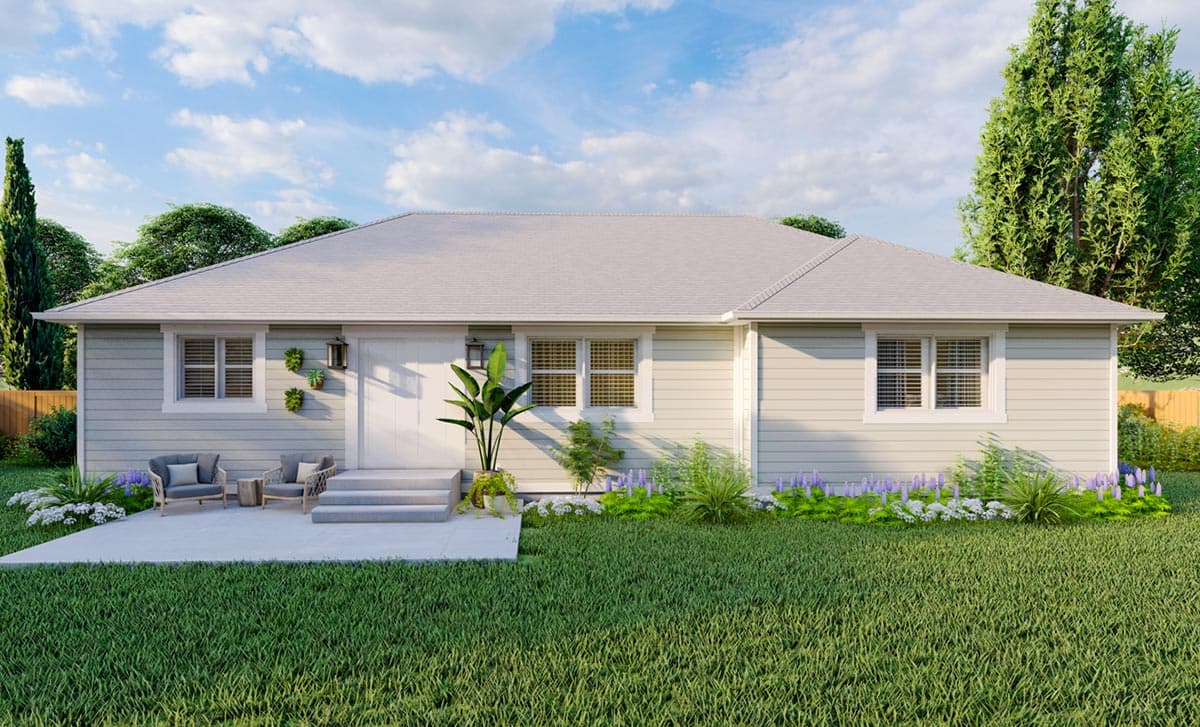 One-story house plan exterior with a hipped roof, multiple windows, and a central entry with steps.