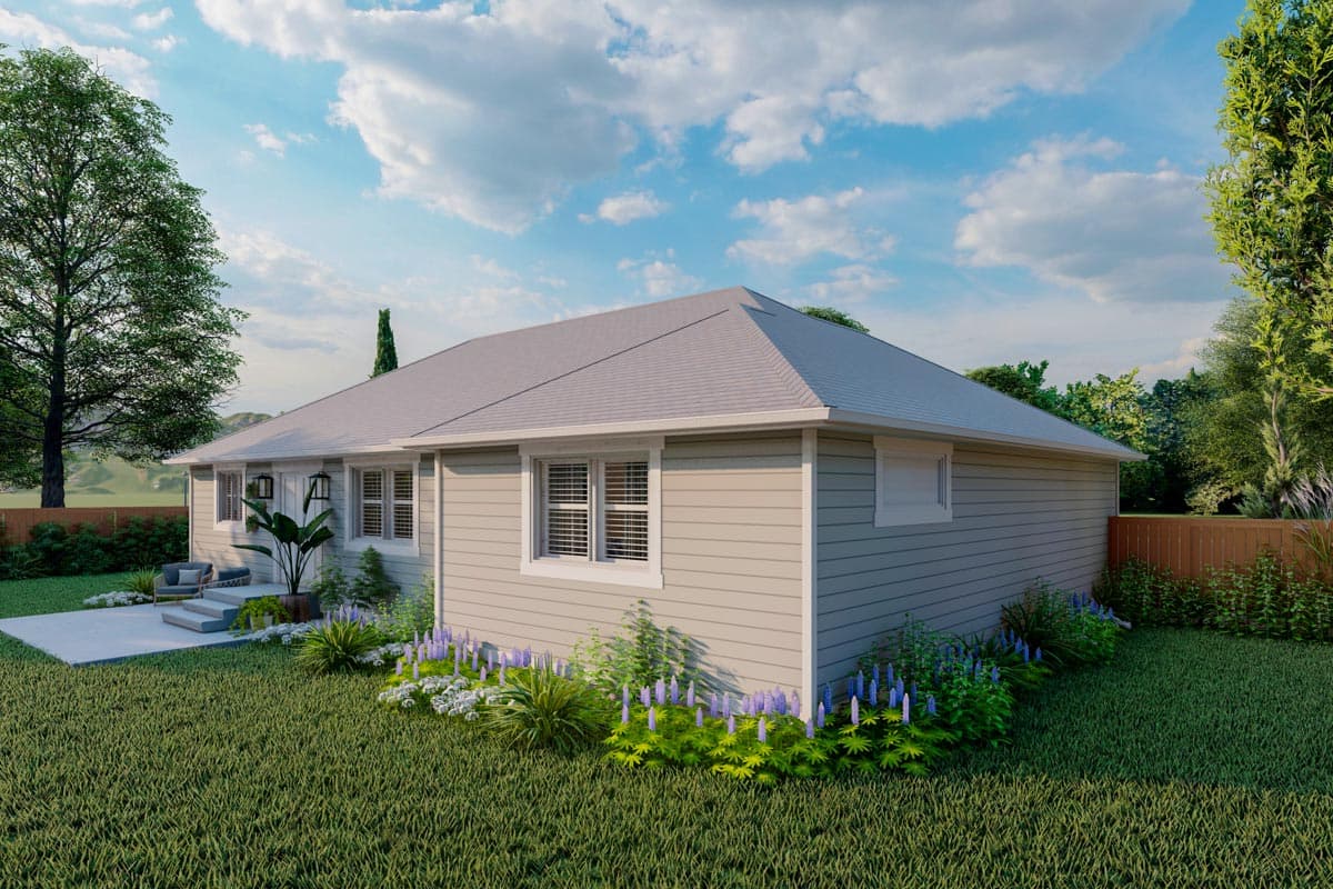 Single-story house plan exterior with beige siding, hip roof, and a small patio with outdoor seating.