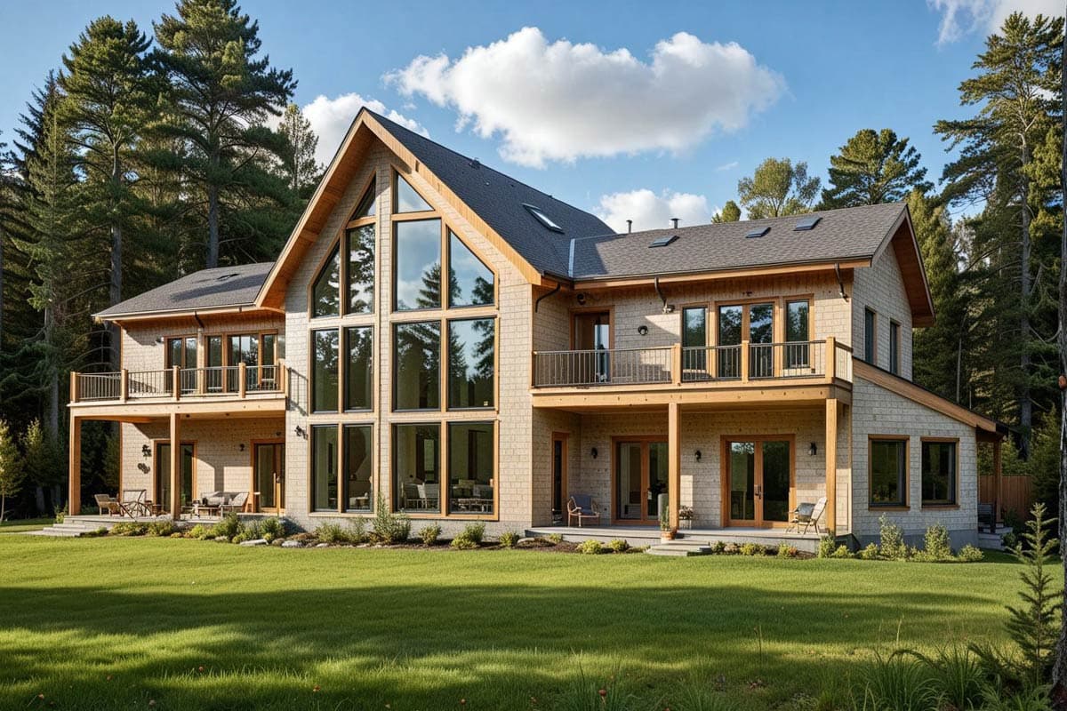 House plan exterior: two-story home with a full-height window wall, wraparound deck, and gabled roof.