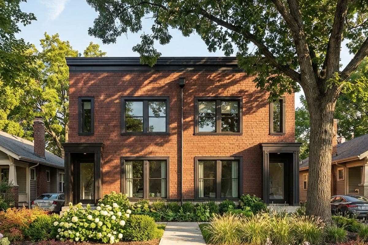 House plan exterior with two stories. Brick facade with dark trim, recessed entry, and rectangular windows. Black flat roof line.