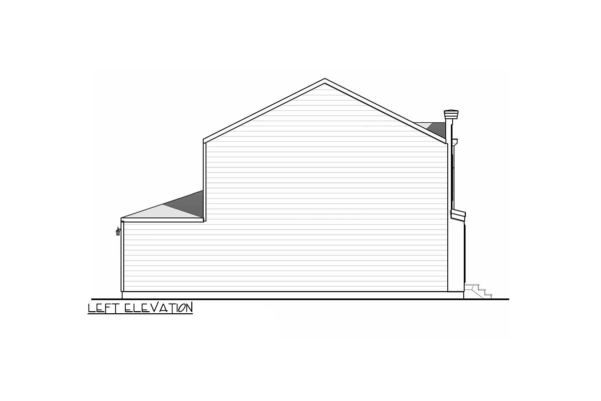 Left elevation drawing of a two-story house plan featuring horizontal siding, a prominent gable roof, and a chimney.