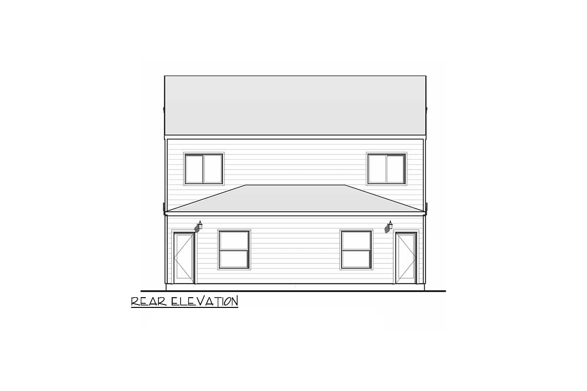 Rear elevation drawing of a two-story house plan with two doors and four windows.