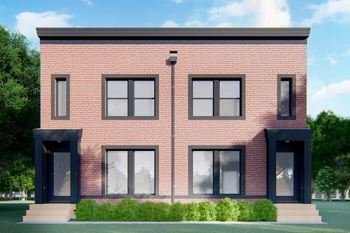 House plan exterior: two-story duplex with brick facade, modern dark trim, recessed entries with stairs, and symmetrical window placement.